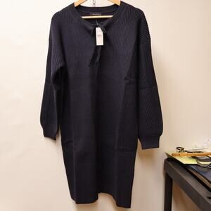 Ann Taylor NWT Lace Up Neck Sweater Dress Midi Tie Front Dark Blue Long Sleeves